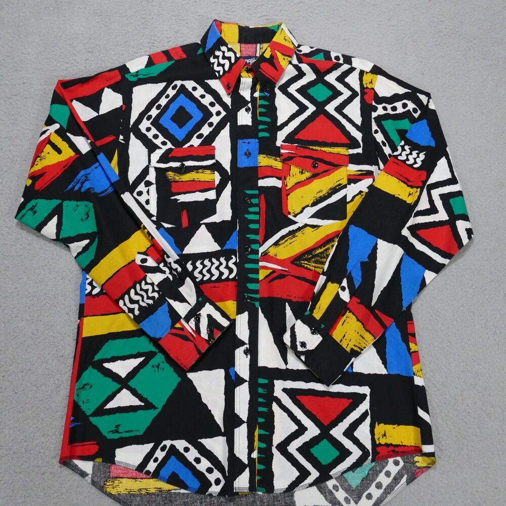Vtg Wrangler Button Up Large Long Tails Abstract Western Aztec Single Needle USA